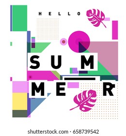 Trendy vector holiday summer cards illustration with line elements and abstract colorful textures. Design for poster, card, invitation, brochure, and promotion template.