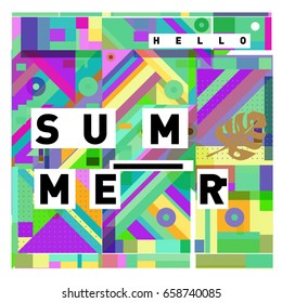 Trendy vector holiday summer cards illustration with line elements and abstract colorful textures. Design for poster, card, invitation, brochure, and promotion template.