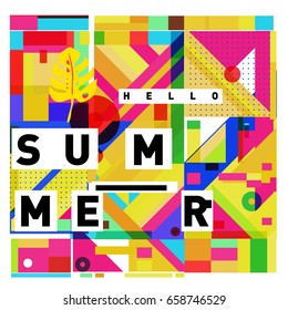 Trendy vector holiday summer cards illustration with line elements and abstract colorful textures. Design for poster, card, invitation, brochure, and promotion template.