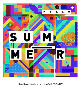 Trendy vector holiday summer cards illustration with line elements and abstract colorful textures. Design for poster, card, invitation, brochure, and promotion template.