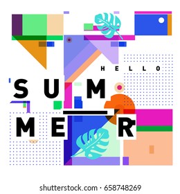 Trendy vector holiday summer cards illustration with line elements and abstract colorful textures. Design for poster, card, invitation, brochure, and promotion template.