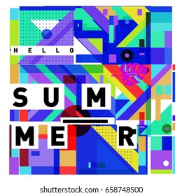 Trendy vector holiday summer cards illustration with line elements and abstract colorful textures. Design for poster, card, invitation, brochure, and promotion template.