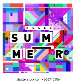 Trendy vector holiday summer cards illustration with line elements and abstract colorful textures. Design for poster, card, invitation, brochure, and promotion template.