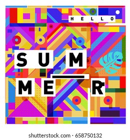 Trendy vector holiday summer cards illustration with line elements and abstract colorful textures. Design for poster, card, invitation, brochure, and promotion template.