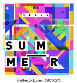 Trendy vector holiday summer cards illustration with line elements and abstract colorful textures. Design for poster, card, invitation, brochure, and promotion template.