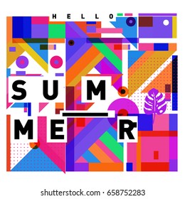 Trendy vector holiday summer cards illustration with line elements and abstract colorful textures. Design for poster, card, invitation, brochure, and promotion template.