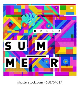 Trendy vector holiday summer cards illustration with line elements and abstract colorful textures. Design for poster, card, invitation, brochure, and promotion template.