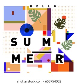 Trendy vector holiday summer cards illustration with line elements and abstract colorful textures. Design for poster, card, invitation, brochure, and promotion template.