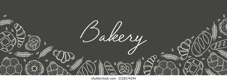 Trendy Vector horizontal background for bakery or cafe.Illustrations of buns,bread,baguette,and other pastries for packaging,labels,or signage.Line Art of food for banner, flyer or menu.Lettering