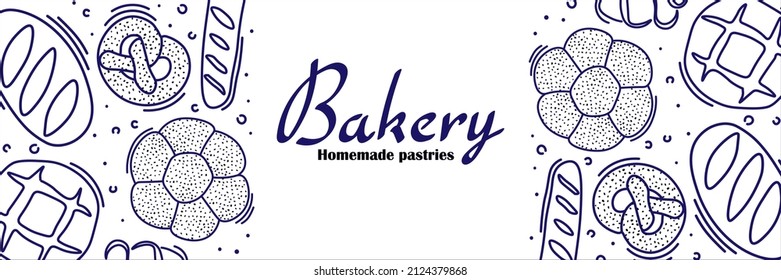 Trendy Vector horizontal background for bakery or cafe.Illustrations of buns,bread,baguette,and other pastries for packaging,labels,or signage.Line Art of food for banner, flyer or menu.Lettering