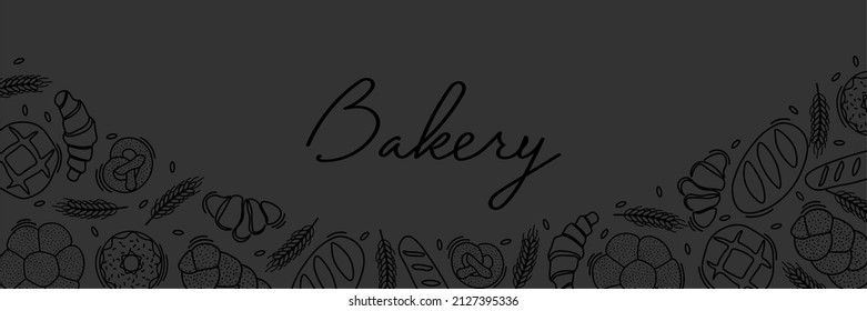 Trendy Vector horizontal background for bakery or cafe.Illustrations of buns,bread,baguette,and other pastries for packaging,labels,or signage.Line Art of food for banner, flyer or menu.Lettering