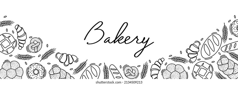 Trendy Vector horizontal background for bakery or cafe.Illustrations of buns,bread,baguette,and other pastries for packaging,labels,or signage.Line Art of food for banner, flyer or menu.Lettering