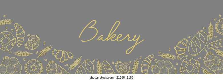 Trendy Vector horizontal background for bakery or cafe.Illustrations of buns,bread,baguette,and other pastries for packaging,labels,or signage.Line Art of food for banner, flyer or menu.Lettering