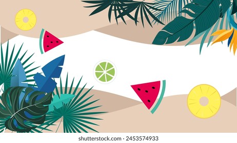 Trendy vector horizontal background with leaves and doodle objects with place for text. Colorful simple backdrop for greeting cards, posters, banners and placards, Summer