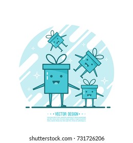 Trendy vector icon gift box with ribbons and sparkly. 