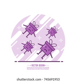 Trendy vector icon gift box with ribbons and sparkly. 