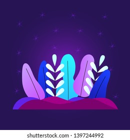 Trendy vector illustration with abstract leaves design in flat style. Summer floral background in violet colors. Magic forest backdrop for any purposes.