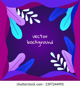 Trendy vector illustration with abstract leaves design in flat style. Summer floral background in violet colors. Magic forest backdrop for any purposes with square frame.