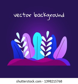 Trendy vector illustration with abstract leaves design in flat style. Summer floral background in violet colors. Magic forest backdrop for any purposes with place for text.