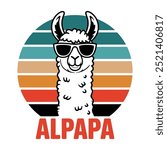 Trendy vector illustration of alpaca wearing sunglasses with colorful retro circle background
