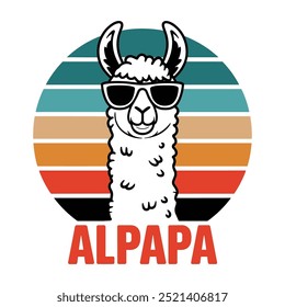 Ilustração vetor na moda de alpaca usando óculos de sol com fundo colorido círculo retrô