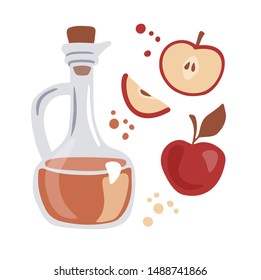 Trendy vector illustration Apple cider vinegar. Glass pitcher with the fermented vinegar and fresh fruits. Elements in modern flat style isolated on white background. Healthy eating and cooking theme.