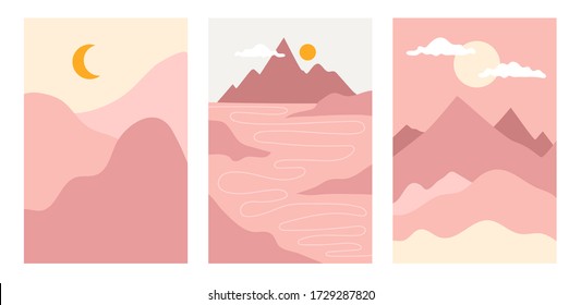 Trendy vector illustration backgrounds with colorful nature landscapes. Hills, mountains, clouds, sun and moon. Abstract geometric paper cut style outdoor set