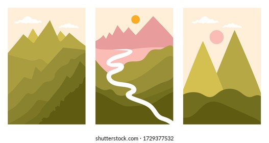 Trendy vector illustration backgrounds with colorful nature landscapes. Hills, mountains, clouds, sun and green forest. Abstract geometric paper cut style outdoor set