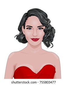 Trendy vector illustration of beautiful brunette young woman with short elegant curly hairstyle. Realistic cartoon portrait of smiling girl in red evening gown isolated under white background