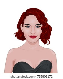 Trendy vector illustration of beautiful young woman with ginger elegant retro curly hairstyle.  Realistic cartoon portrait of smiling lady in black evening dress isolated under white background