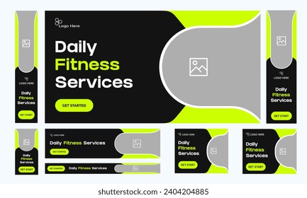  Trendy vector illustration body fitness web bundle banner design for social media post, fitness training web banner design, editable vector eps 10 file format