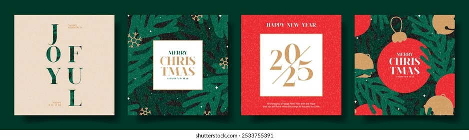 . Trendy vector illustration with Christmas fir tree branches, jingle bells and typography design. Minimalist New Year cards for ads, cover, social media.