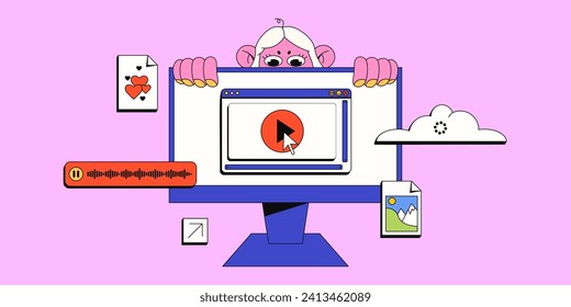 Trendy vector illustration with computer and user interface. Cute girl looking out and watching video. Contemporary neobrutalism style.