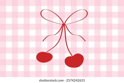 Trendy Vector illustration coquette cherry bows on the pink gingham background. hand drawn line art vector.