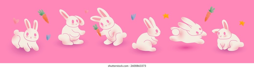 Trendy vector illustration of Easter bunny. Cute Rabbits jumping, sitting, looking and falling in love. 