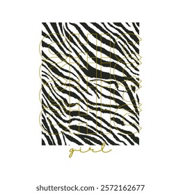 Trendy vector illustration featuring black and white zebra skin print with repeated golden CHIC text and handwritten girl script. Modern fashion design for t-shirt printing.