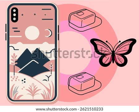Trendy vector illustration featuring a modern iPhone mockup with minimalist landscape art, paired pink butterflies and soft abstract icons on a light pink background for iPhone. Ideal for wallpapers