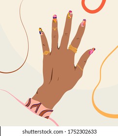 Trendy vector illustration of female manicured hand with modern jewelry. Hand drawn colorful concept poster in flat style.