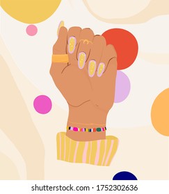 Trendy vector illustration of female manicured hand with modern jewelry. Hand drawn colorful concept poster in flat style.