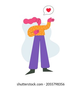 Trendy vector illustration in flat style of adult girl with bubble speech with heart symbol. Picture of woman standing standing full face with raised hand. lady talking about love and feelings