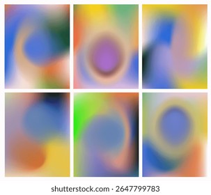 Trendy vector illustration in gradient mesh style. Abstract backgrounds with oval, circular shapes in neon blue, green, orange, yellow, and violet. Soft, blurry, modern art with vivid transitions.