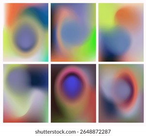 Trendy vector illustration in gradient mesh style. Abstract backgrounds with oval, circular shapes in neon blue, green, orange, yellow, and violet. Soft, blurry, modern art with vivid transitions.