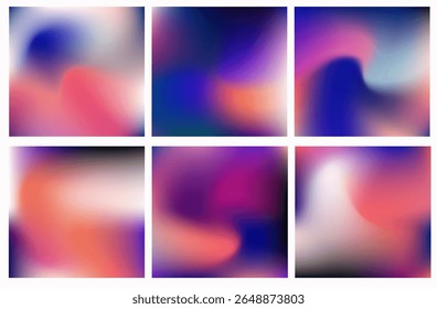 Trendy vector illustration in gradient mesh abstract style. Soft blurry backgrounds blending magenta, blue, purple, pink, and black in flowing luminous transitions.