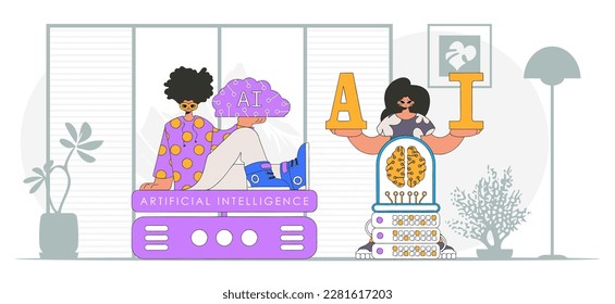 Trendy vector illustration of a guy and girl AI team.