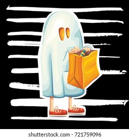 Trendy vector illustration of Halloween kid in handmade ghost costume from sheet on hand drawn ink brush strokes black background. Print design template concept for festival flyers, cards, posters