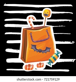 Trendy vector illustration of Halloween paper candy bag full of sweets and lollipops on hand drawn ink brush strokes black background. Print design template concept for festival flyers, cards, posters