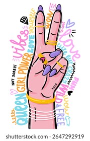 Trendy vector illustration of a hand a peace sign, decorated with gold rings. Bold and playful graphic in pop art style.