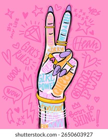 Trendy vector illustration of a hand a peace sign, decorated with gold rings on pink background. Bold and playful graphic in pop art style.