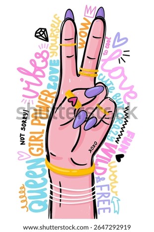 Trendy vector illustration of a hand a peace sign, decorated with gold rings. Bold and playful graphic in pop art style.