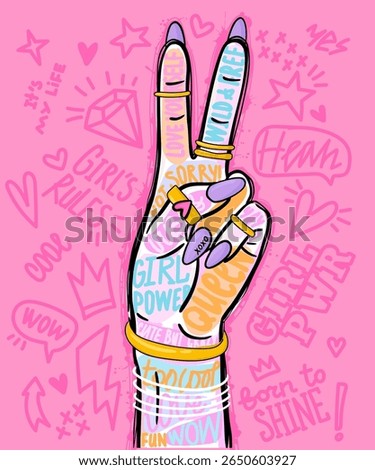 Trendy vector illustration of a hand a peace sign, decorated with gold rings on pink background. Bold and playful graphic in pop art style.